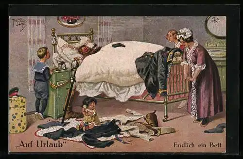 Künstler-AK A. Thiele: Soldat auf Urlaub, Endlich ein Bett, Soldat liegt rauchend im Bett