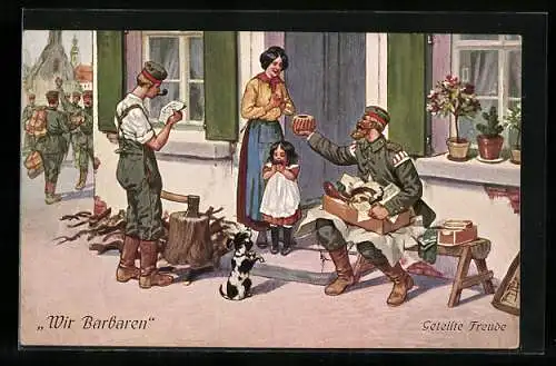 Künstler-AK A. Thiele: Geteilte Freude, Soldat übergibt der Frau einen Kuchen