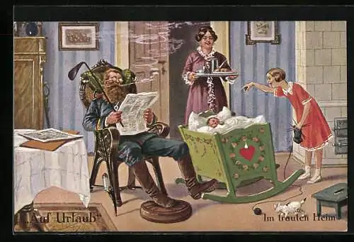 Künstler-AK A. Thiele: Soldat auf Urlaub, Im trauten Heim, Vater liest Zeitung und raucht Pfeife