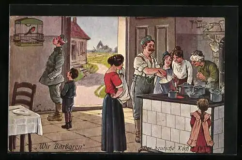 Künstler-AK A. Thiele: Soldat zeigt Frauen ein deutsches Rezept