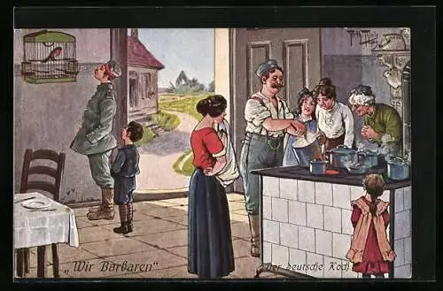 Künstler-AK A. Thiele: Soldat zeigt Frauen ein deutsches Rezept