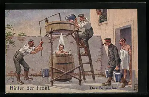 Künstler-AK Arthur Thiele: Soldaten hinter der Front beim Brausebad