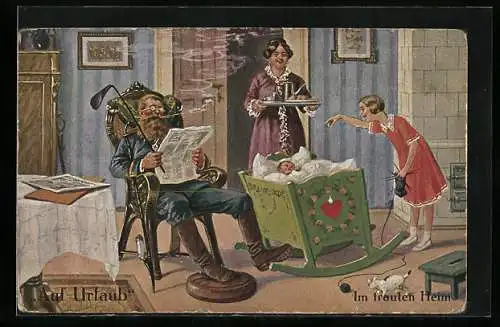Künstler-AK A. Thiele: Soldat auf Urlaub, Im trauten Heim, Vater liest Zeitung und raucht Pfeife