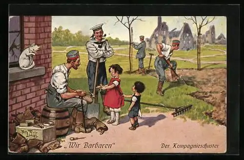 Künstler-AK A. Thiele: Kinder bringen Schuhe zum Kompagnie-Schuster