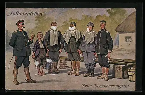 Künstler-AK Arthur Thiele: Soldatenleben, Beim Verschönerungsrat, Soldaten bei der Rasur