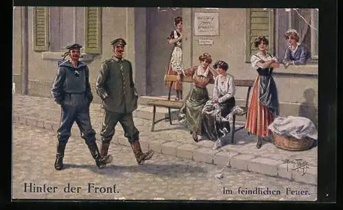 Künstler-AK Arthur Thiele: Hinter der Front, Im feindlichen Feuer, Soldat und Matrose schlendern die Strasse entlang
