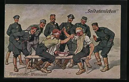 Künstler-AK Arthur Thiele: Soldatenleben - Marmelade-Wettessen