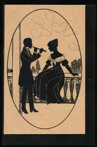 Künstler-AK Mann spielt Flöte für eine Dame, Scherenschnitt