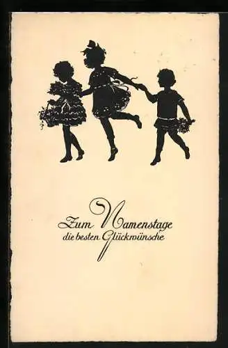 Künstler-AK Kinder mit Blumen, Scherenschnitt