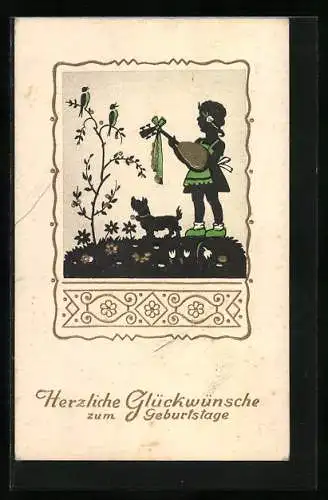 Künstler-AK Mädchen mit Laute, Scherenschnitt