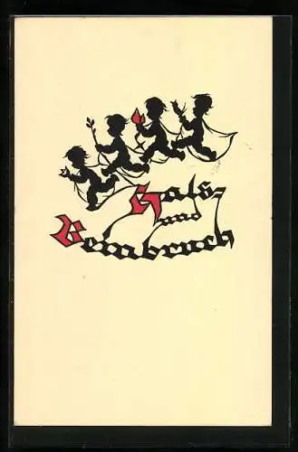 Künstler-AK Kinder mit Blumen, Scherenschnitt