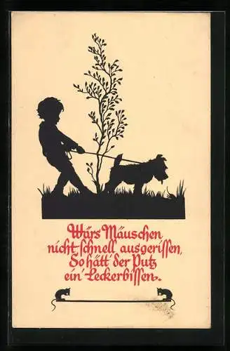 Künstler-AK Knabe mit Hund, Scherenschnitt