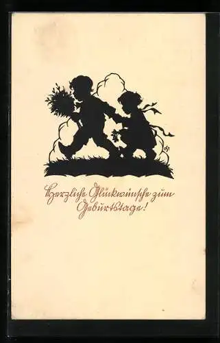 Künstler-AK Kinder mit Blumen, Scherenschnitt