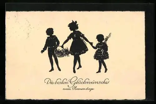 Künstler-AK Kinder mit Blumenkorb, Scherenschnitt