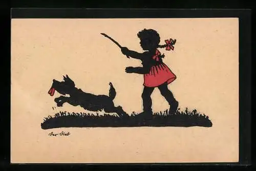 Künstler-AK Mädchen spielt mit Hund, Scherenschnitt
