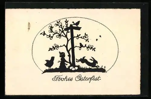 Künstler-AK Osterhase, Ostereier, Osterküken, Scherenschnitt