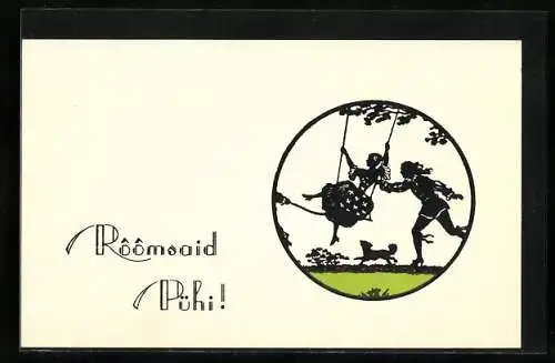 Künstler-AK Dame auf einer Schaukel, Scherenschnitt