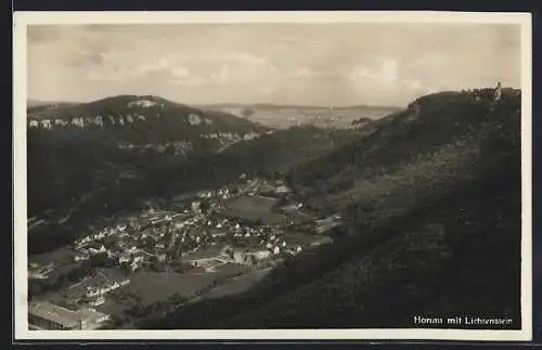 AK Honau / Lichtenstein, Totalansicht mit Schloss Lichtenstein