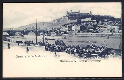 AK Würzburg, Mainansicht mit Festung Marienberg