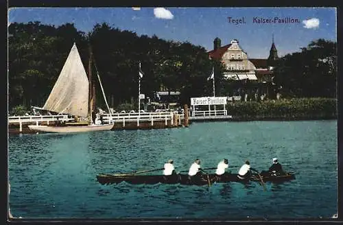 AK Berlin-Tegel, Cafe Kaiser-Pavillon mit Ruderboot