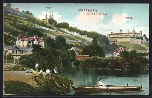 AK Würzburg, Partie bei der Insel mit Blick auf Käppele und Festung