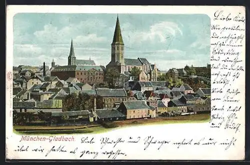 Lithographie München-Gladbach, Generalansicht mit Blick zur Kirche