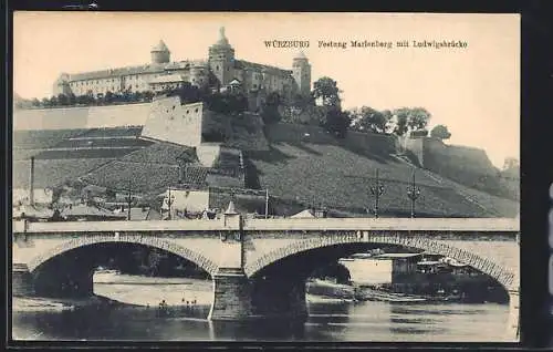 AK Würzburg, Festung Marienberg mit Ludwigsbrücke
