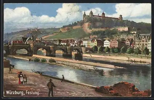 Künstler-AK Würzburg, Die Festung, Kind, Mann mit Wanderstock