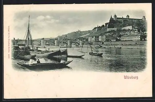 AK Würzburg, Uferpartie mit Festung