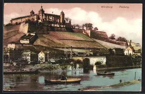 AK Würzburg, Blick zur Festung, Ruderboote