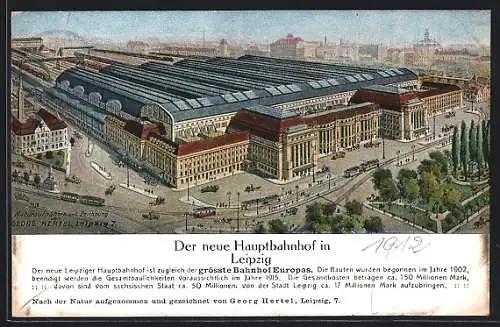 Künstler-AK Leipzig, Strassenbahnen vor dem neuen Hauptbahnhof