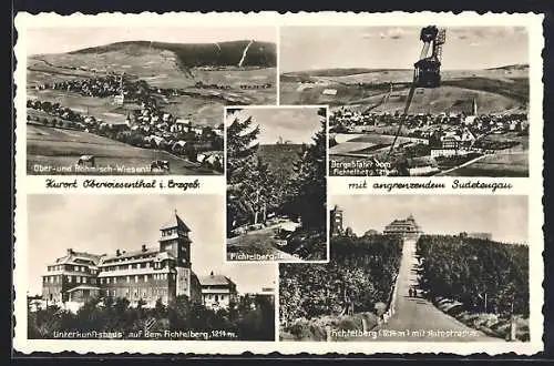 AK Oberwiesenthal, Unterkunftshaus auf dem Fichtelberg, Bergabfahrt, Ober- und Böhmisch-Wiesenthal mit weidenden Kühen