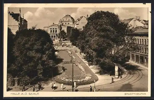 AK Halle / Saale, Teilansicht mit dem Stadttheater aus der Vogelperspektive