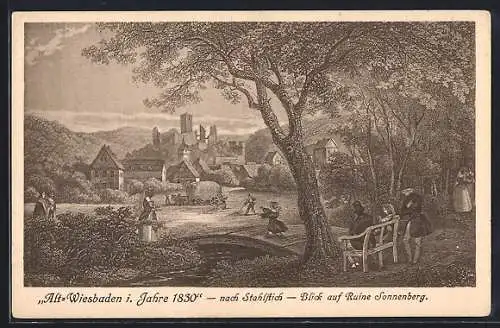 Künstler-AK Wiesbaden, alte Ansicht der Stadt aus dem Jahre 1830