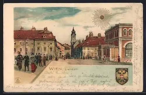 Sonnenschein-Lithographie Wien, Landstrasse, Strassenpartie mit Blick zur Kirche