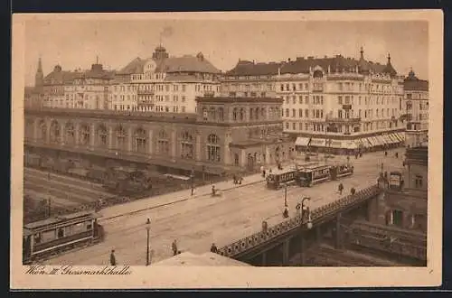 AK Wien, Brücke mit Grossmarkthalle, Strassenbahn