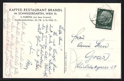 AK Wien, Kaffee-Restaurant Brandl im Schweizergarten, II. Parkteil