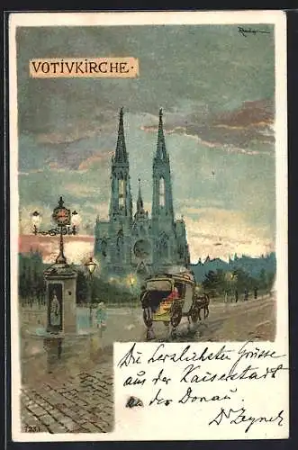 Lithographie Wien, Kutsche an der Votivkirche