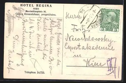 AK Wien, Hotel Regina mit Strassenpartie