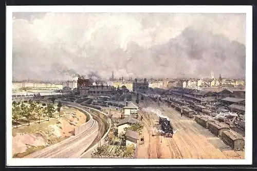 Künstler-AK Wien, Franz-Josefs-Bahnhof mit Eisenbahn