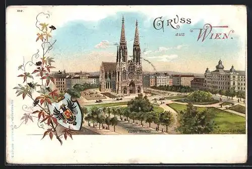 Lithographie Wien IX, Votiv-Kirche mit Wappen