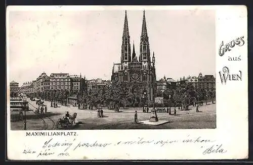 Lithographie Wien, Pferdekutsche auf dem Maximilianplatz