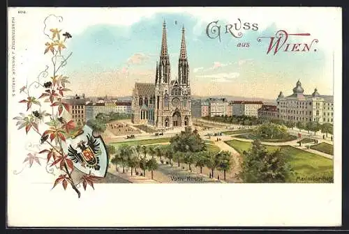 Lithographie Wien IX, Votiv-Kirche mit Wappen