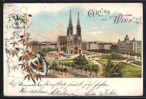 Lithographie Wien IX, Votiv-Kirche mit Wappen