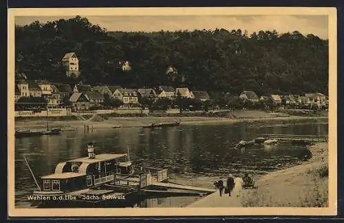 AK Wehlen a. d. Elbe, Flusspartie mit Fähre
