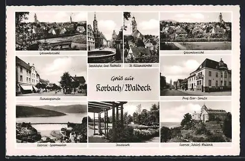 AK Korbach, Gesamtansicht, Bahnhofstrasse, Edersee-Sperrmauer, Stadtpark, Prof. Bier-Strasse