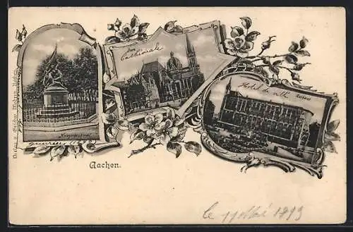 Passepartout-AK Aachen, Kriegerdenkmal, Dom und Rathaus