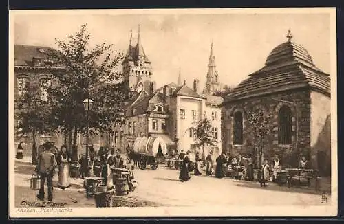 Künstler-AK Charles F. Flower: Aachen, Fischmarkt mit Verkaufsständen