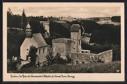 AK Pforzheim, Ruine Steinegg mit Kirche und Blick nach dem Ort