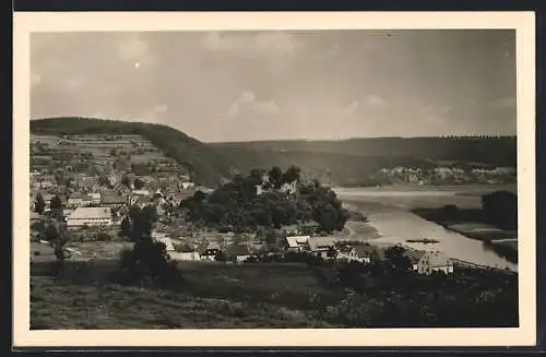 AK Polle /Weser, Gesamtansicht mit Weser aus der Vogelschau